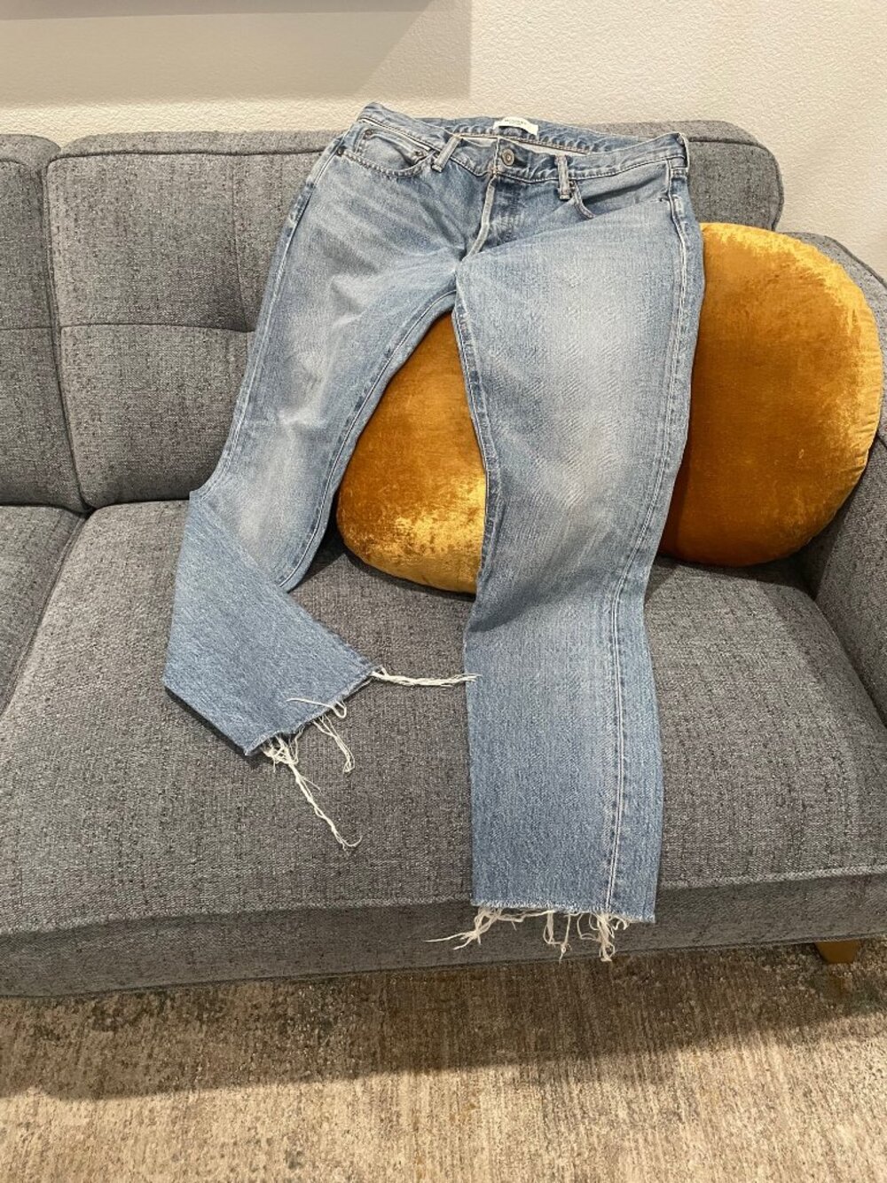 Moussy Vintage Light Blue Color Cowhide Leather Jeans, Raw Hem Size 30